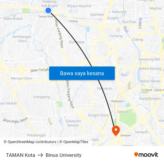 TAMAN Kota to Binus University map