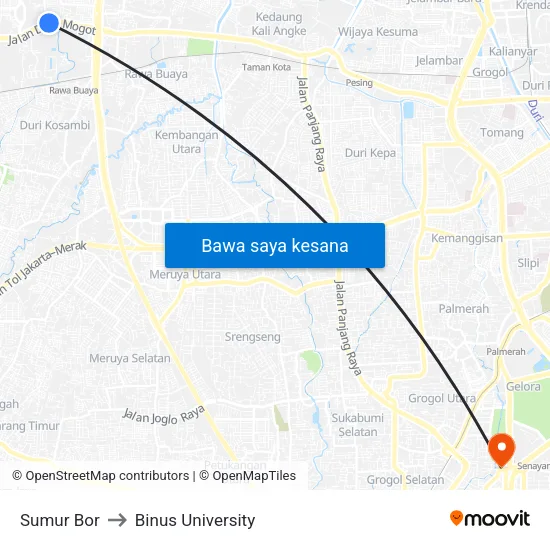 Sumur Bor to Binus University map