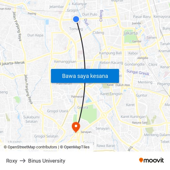 Roxy to Binus University map