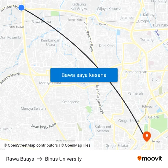 Rawa Buaya to Binus University map