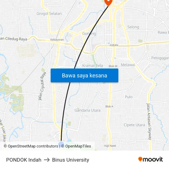 PONDOK Indah to Binus University map