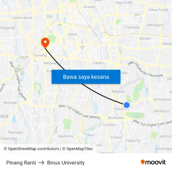 Pinang Ranti to Binus University map