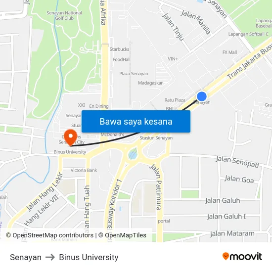 Senayan to Binus University map