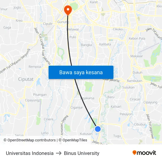Universitas Indonesia to Binus University map