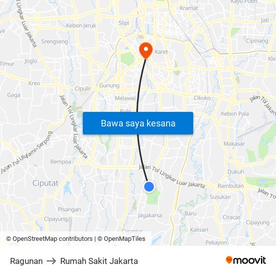 Ragunan to Rumah Sakit Jakarta map