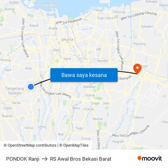 PONDOK Ranji to RS Awal Bros Bekasi Barat map