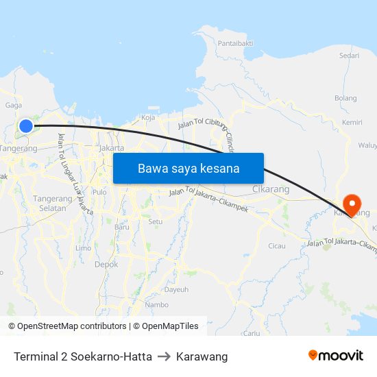 Terminal 2 Soekarno-Hatta to Karawang map