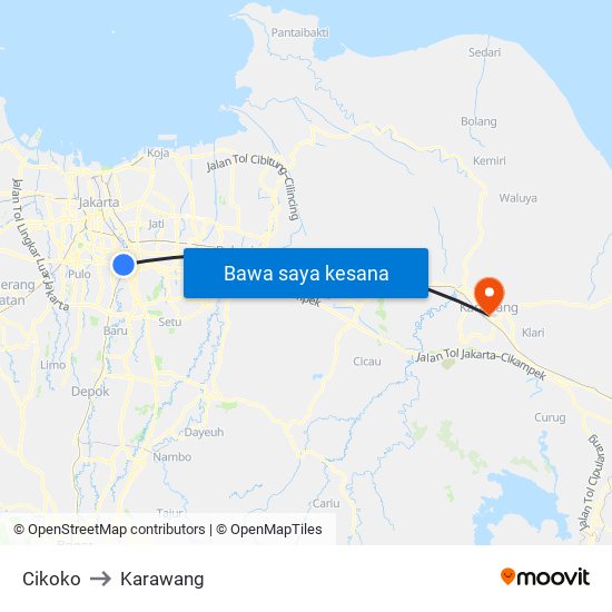 Cikoko to Karawang map
