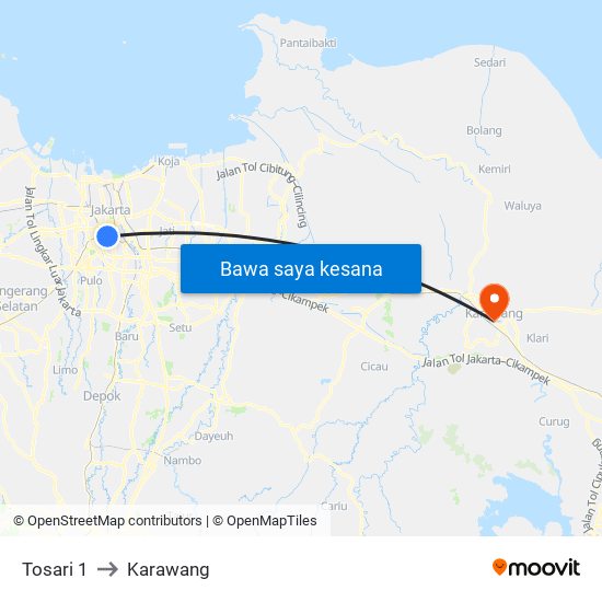 Tosari 1 to Karawang map