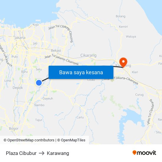 Plaza Cibubur to Karawang map