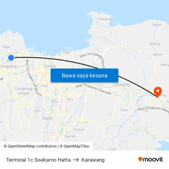 Terminal 1c Soekarno Hatta to Karawang map