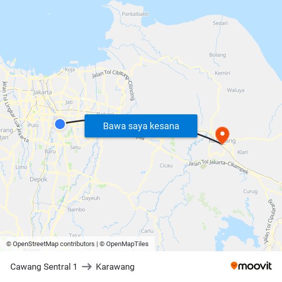 Cawang Sentral 1 to Karawang map