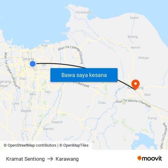 Kramat Sentiong to Karawang map