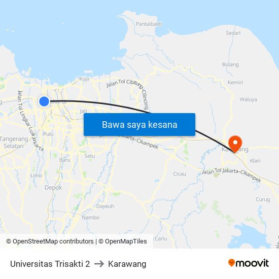 Universitas Trisakti 2 to Karawang map