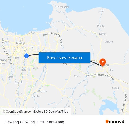 Cawang Ciliwung 1 to Karawang map