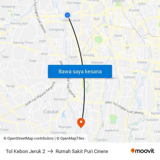 Tol Kebon Jeruk 2 to Rumah Sakit Puri Cinere map