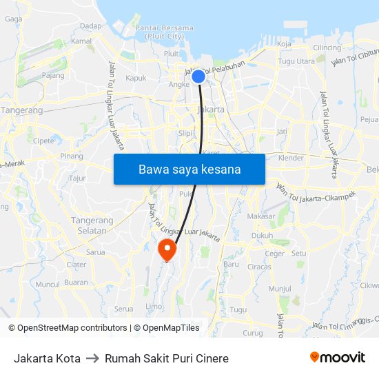Jakarta Kota to Rumah Sakit Puri Cinere map