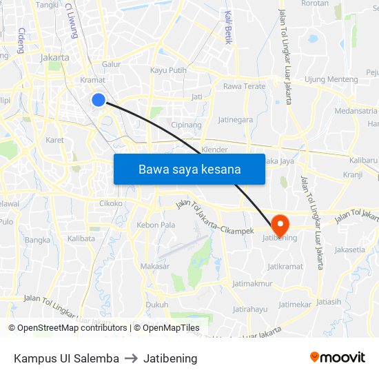 Kampus UI Salemba to Jatibening map
