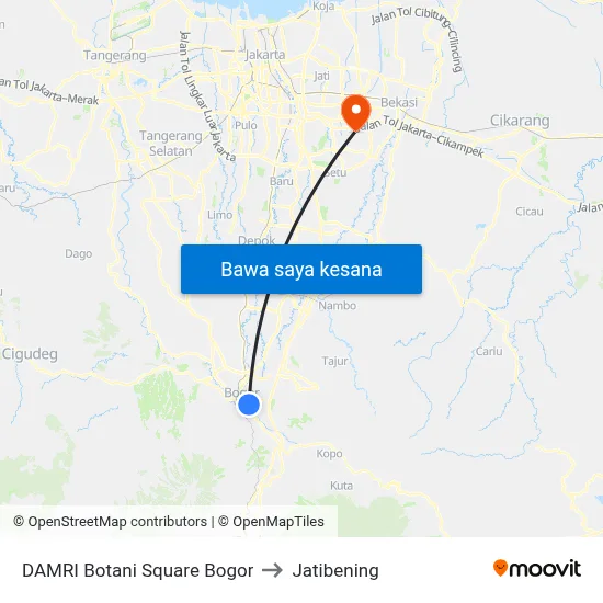 DAMRI Botani Square Bogor to Jatibening map