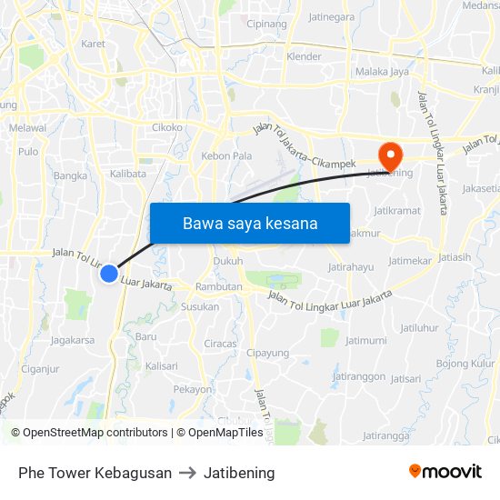 Phe Tower Kebagusan to Jatibening map