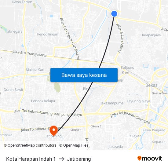 Kota Harapan Indah 1 to Jatibening map