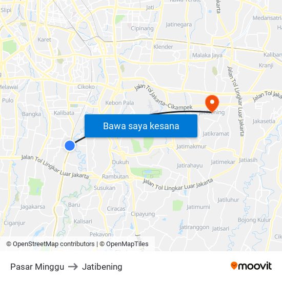 Pasar Minggu to Jatibening map