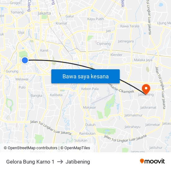 Gelora Bung Karno 1 to Jatibening map