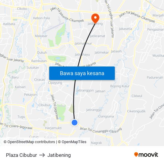 Plaza Cibubur to Jatibening map