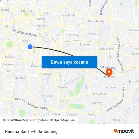 Rasuna Said to Jatibening map