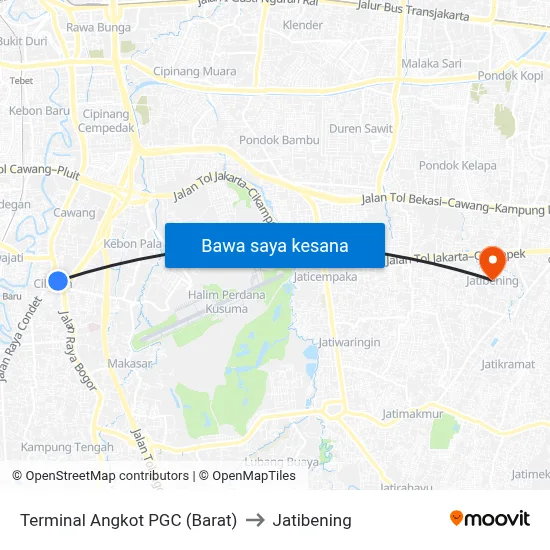 Terminal Angkot PGC (Barat) to Jatibening map