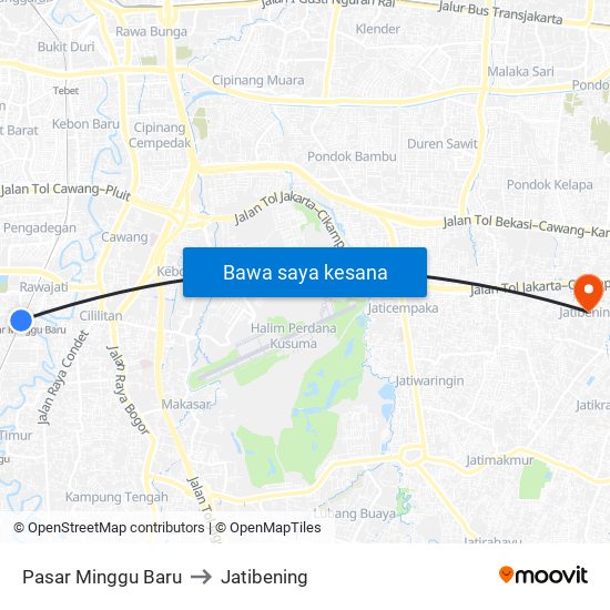 Pasar Minggu Baru to Jatibening map