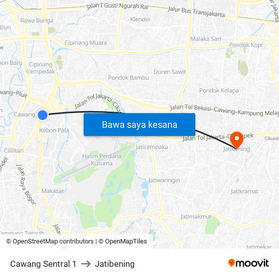 Cawang Sentral 1 to Jatibening map