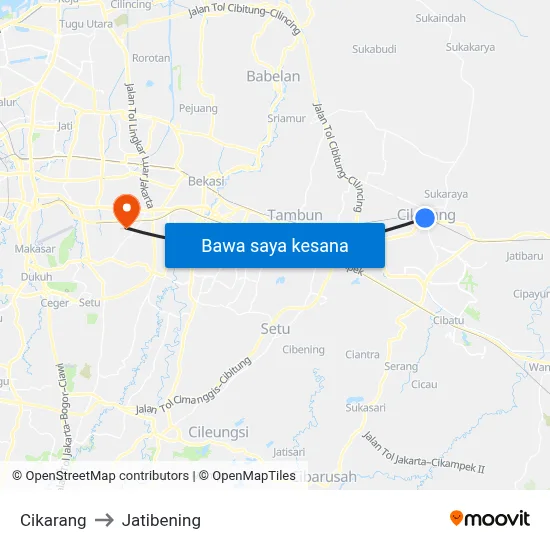 Cikarang to Jatibening map