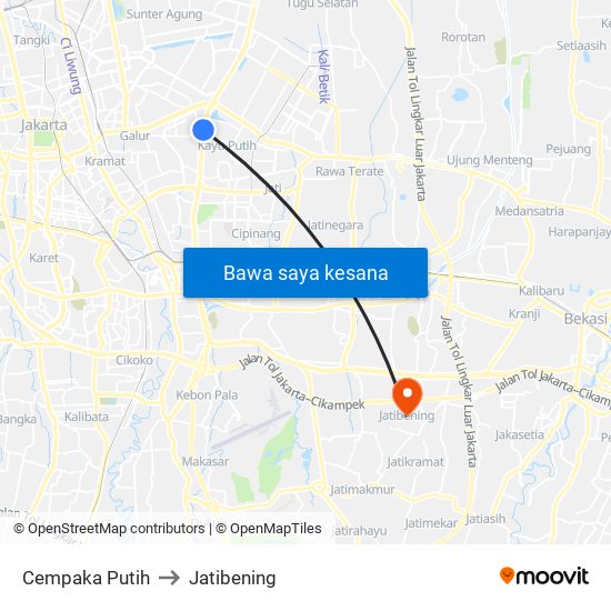 Cempaka Putih to Jatibening map