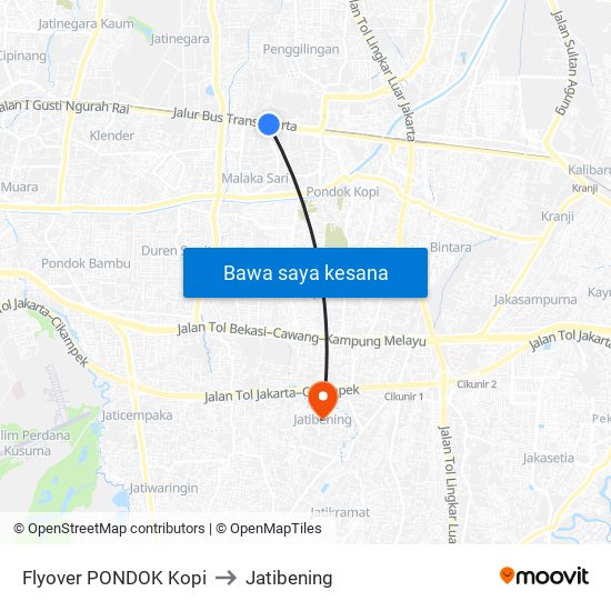 Flyover PONDOK Kopi to Jatibening map