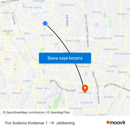 Yos Sudarso Kodamar 1 to Jatibening map