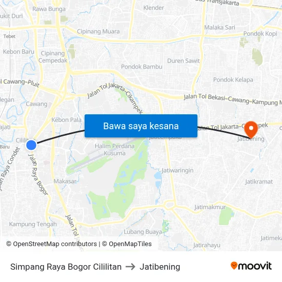 Simpang Raya Bogor Cililitan to Jatibening map