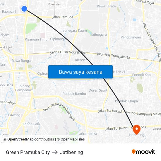 Green Pramuka City to Jatibening map