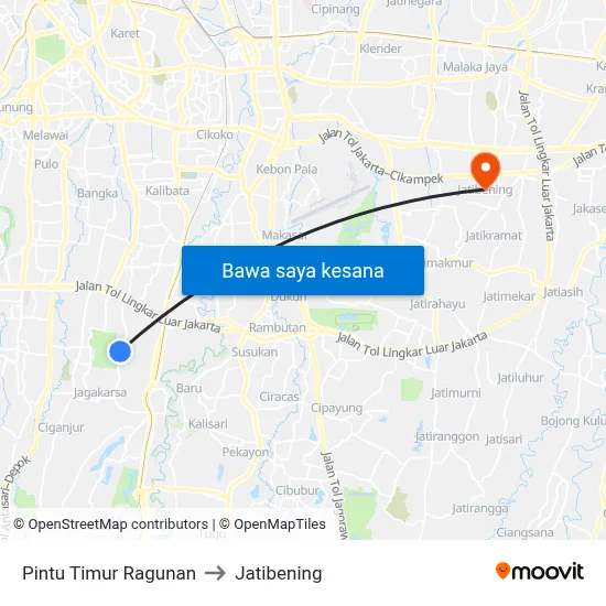 Pintu Timur Ragunan to Jatibening map