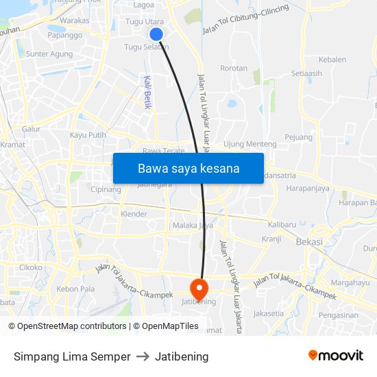 Simpang Lima Semper to Jatibening map