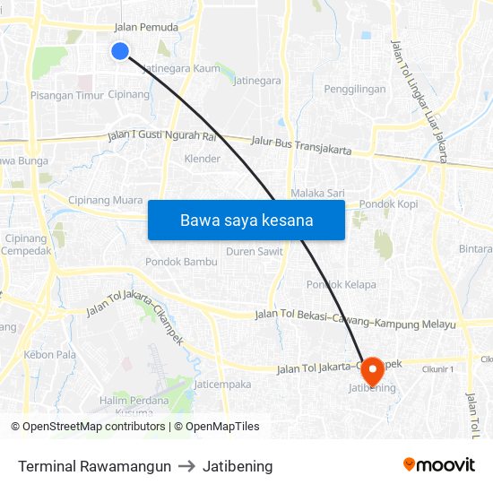 Terminal Rawamangun to Jatibening map