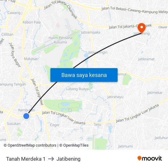 Tanah Merdeka 1 to Jatibening map