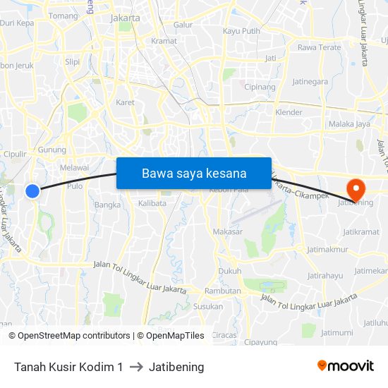 Tanah Kusir Kodim 1 to Jatibening map