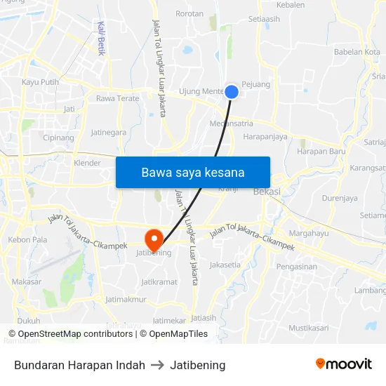 Bundaran Harapan Indah to Jatibening map