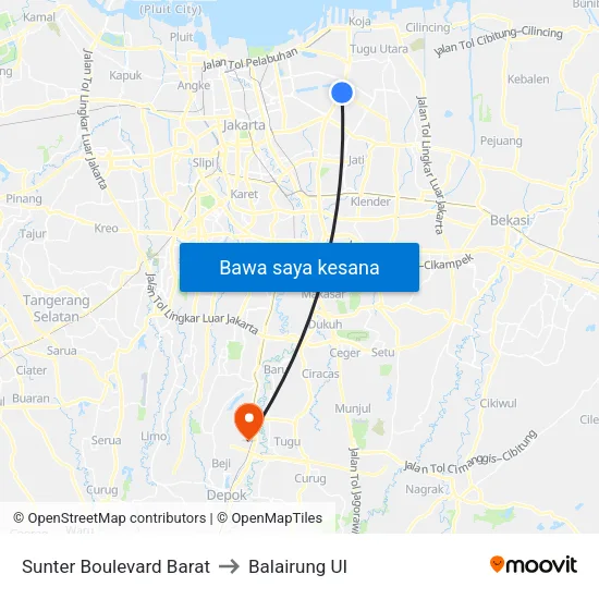 Sunter Boulevard Barat to Balairung UI map