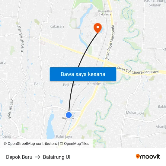 Depok Baru to Balairung UI map