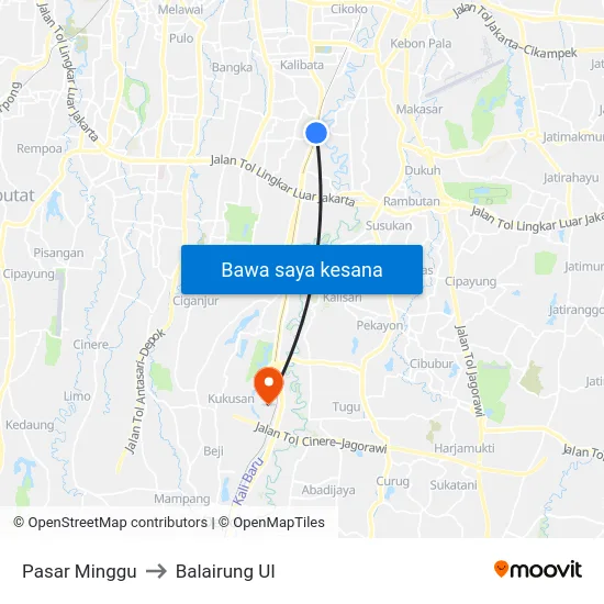 Pasar Minggu to Balairung UI map
