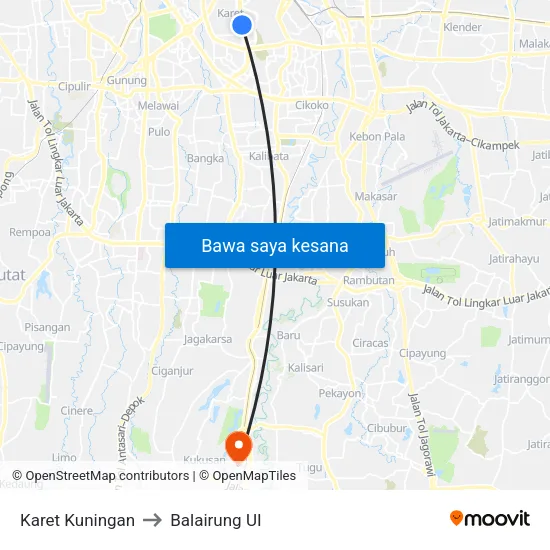 Karet Kuningan to Balairung UI map