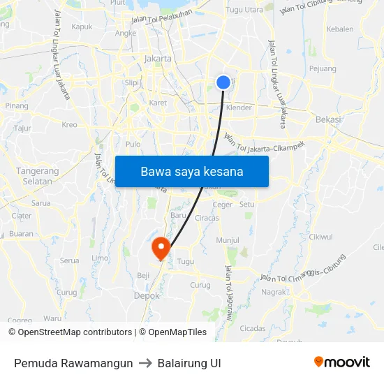 Pemuda Rawamangun to Balairung UI map