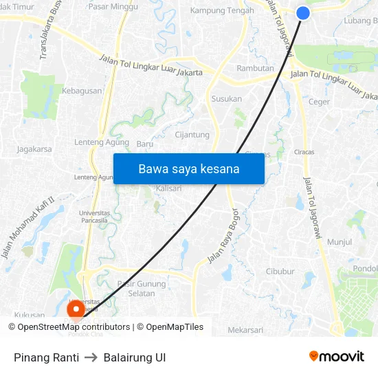 Pinang Ranti to Balairung UI map